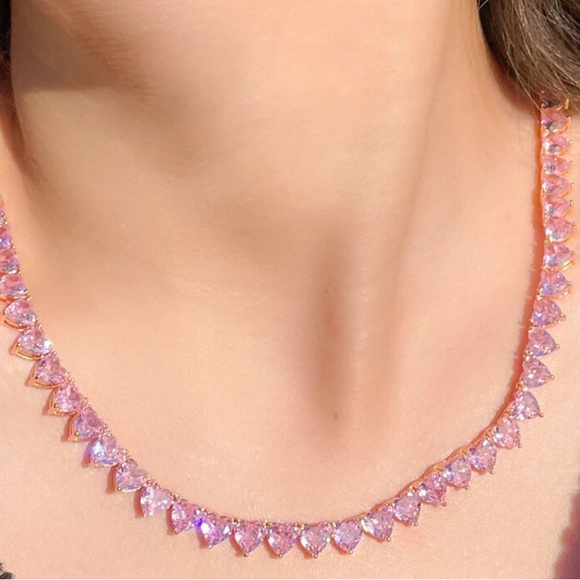 14k ROSE GOLD PLATED heart TENNIS NECKLACE - Picture 5 of 6